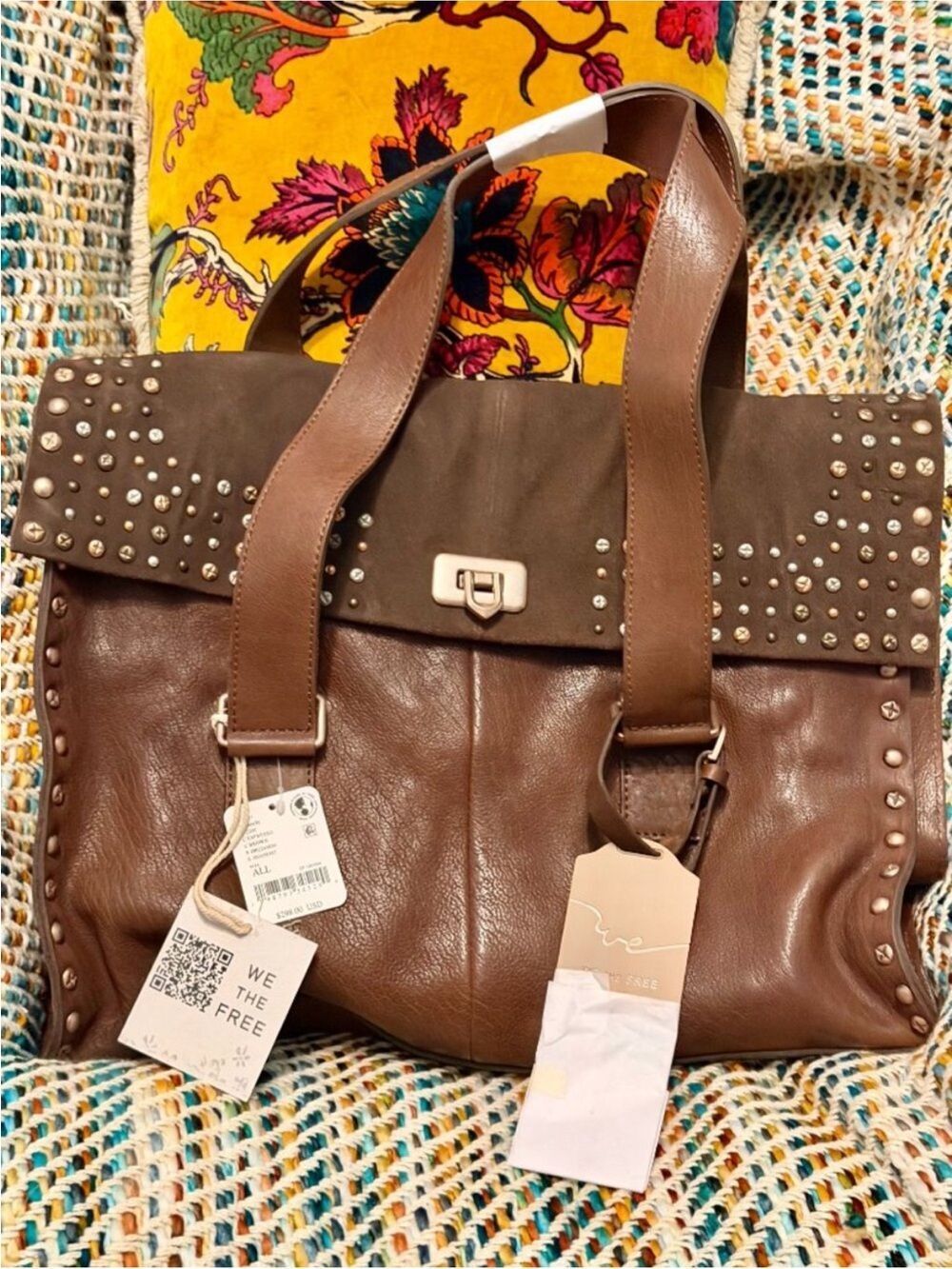 Free People Shay Tote Espresso Brown Studded Leather Satchel - Picture 8 of 10